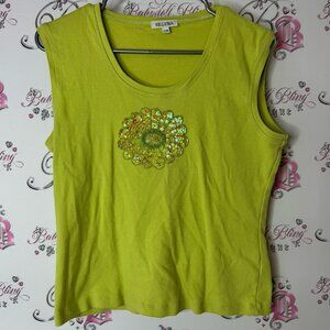 Bellessa tank top embroidered flower Bright Green Muscle Tee with Sequin Accent